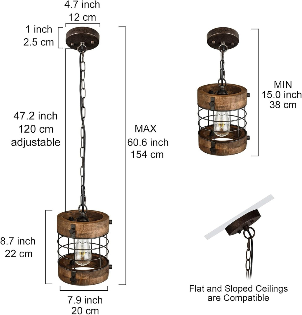 Retro Industrial Metal and Wood Farmhouse Chandeliers, 1-Light Round Cage Pendant Light Fixtures for Farmhouse Kitchen Island Foyer Hallway Bar Dining Room Restaurant, Brown, 2 Pack