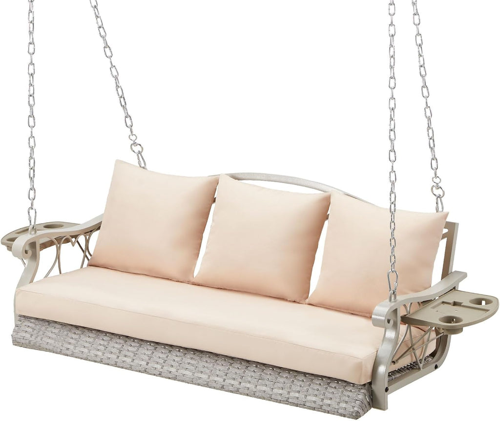 ZZW 3-Person Wicker Porch Swing Chair Heavy Duty 900 LBS Outdoor Rattan Patio Swing Chair w/Cup-Holder & Steel Chains Hanging Bench Porch Swing Cushions for Deck & Backyard & Garden