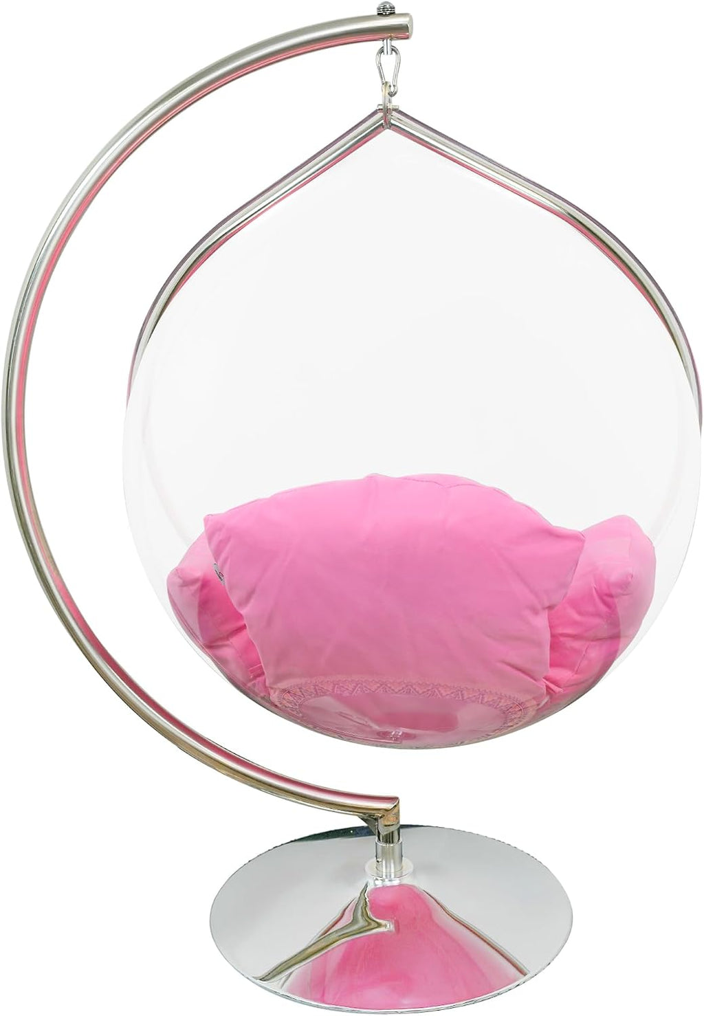 Hanging Chair - Transparent Acrylic Bubble, Waterdrop Shape, Indoor Swing Chair with Gold/Chrome Stand, Durable Fabric Cushion - Luxury Accent for Living Room, Bedroom (Chrome/Pink)