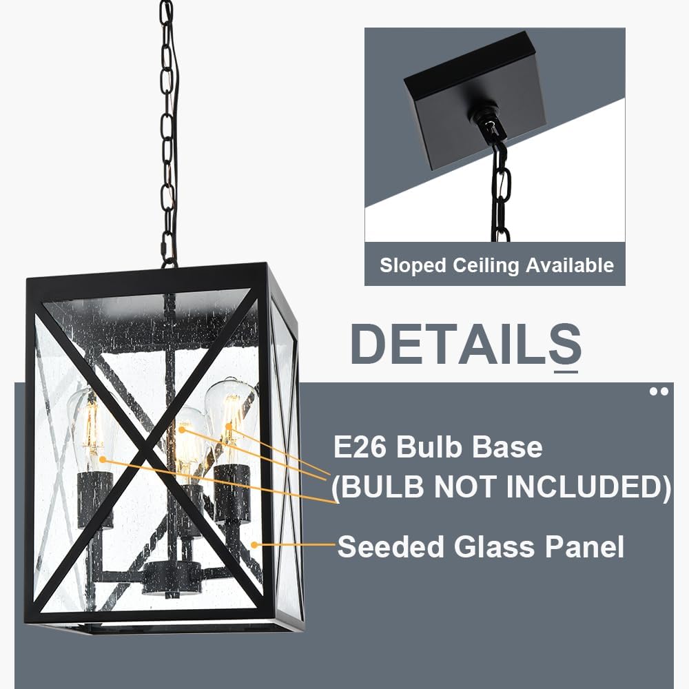 TODOLUZ Large Outdoor Pendant Light, Black Exterior Ceiling Porch Light with Seeded Glass Panel, Outdoor Chandelier Hanging Lantern for Garage Entryway Patio Front Door