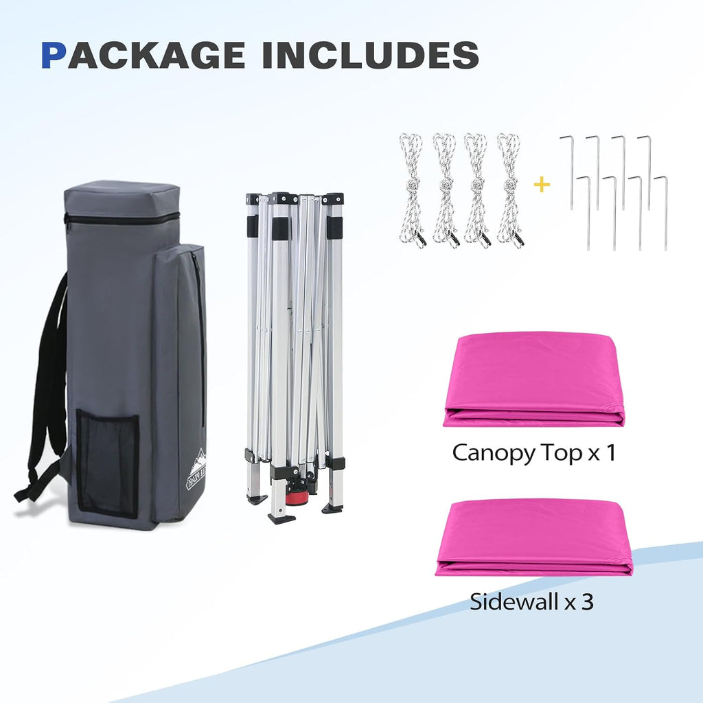 EAGLE PEAK Day Tripper 8x8 Aluminum Super-Lightweight Slant Leg Pop Up Canopy with 3 Removable Walls, Instant Outdoor Backpack Canopy Tent, Outside Beach Folding Sun Shelter, 8x8 Base 6x6 Top, Pink
