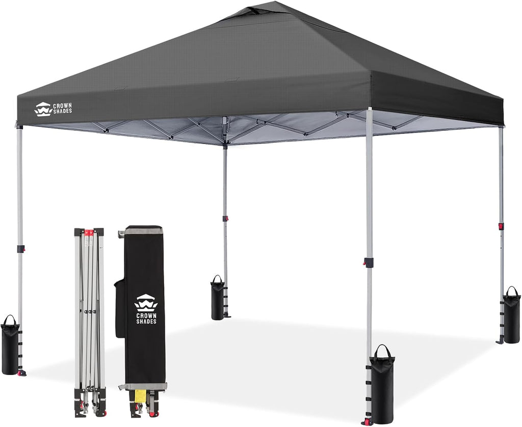 CROWN SHADES 12x12 Pop Up Canopy - Beach Tent with One Push Setup - Easy Outdoor Sun Shade Shelter for Events, Parties - Gazebo with STO-N-Go Cover Bag, Silver Coated Top, Grid Grey