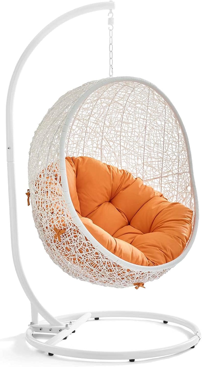 Modway Hide Wicker Rattan Outdoor Patio Porch Lounge Egg Swing Chair Set with Stand in White Orange