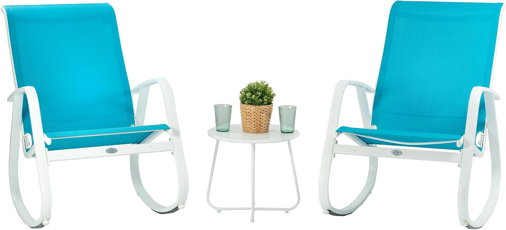 Kozyard 3-Piece Outdoor Rocking Chair Set, Patio Bistro Set 2 Sling Rockers with Side Table, Powder-Coated Aluminum Frame, Breathable Textilene Fabric for Porch, Garden, Balcony Blue