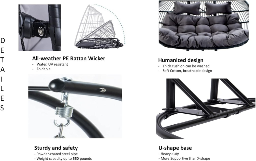 Double Hanging Egg Chair Swing - 2 Person Heavy Duty Hanging Wicker Rattan Swing Chair with Foldable Basket, Bird Nest Chair Swinging Love seat (Black)