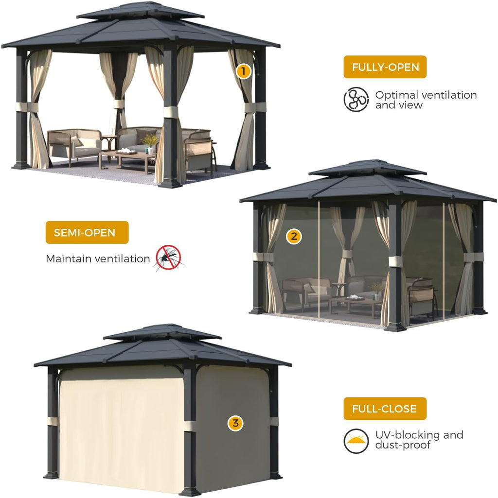 YOLENY 10'x12' Gazebo with Galvanized Steel Roof, Hardtop Double Roof with Anti-Rust Coating, Outdoor Gazebos with Curtains and Netting, Sunshade for Gardens, Lawns, Deck
