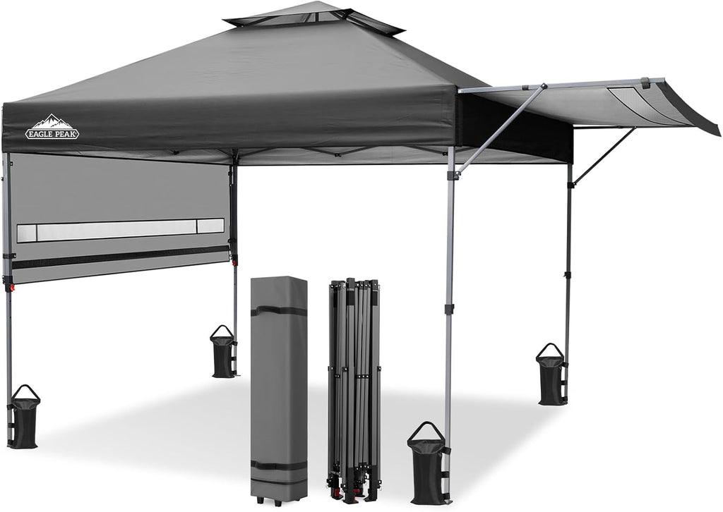 EAGLE PEAK 17x10 Pop up Gazebo Canopy Tent Outdoor Instant Canopy Shelter with Adjustable Dual Half Awnings (Gray)