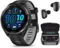 Garmin Forerunner 965 Premium GPS Running and Triathlon 47mm Smartwatch with AMOLED Touchscreen Display, Carbon Gray DLC Titanium Bezel with Black Silicone Band with Black Earbuds.