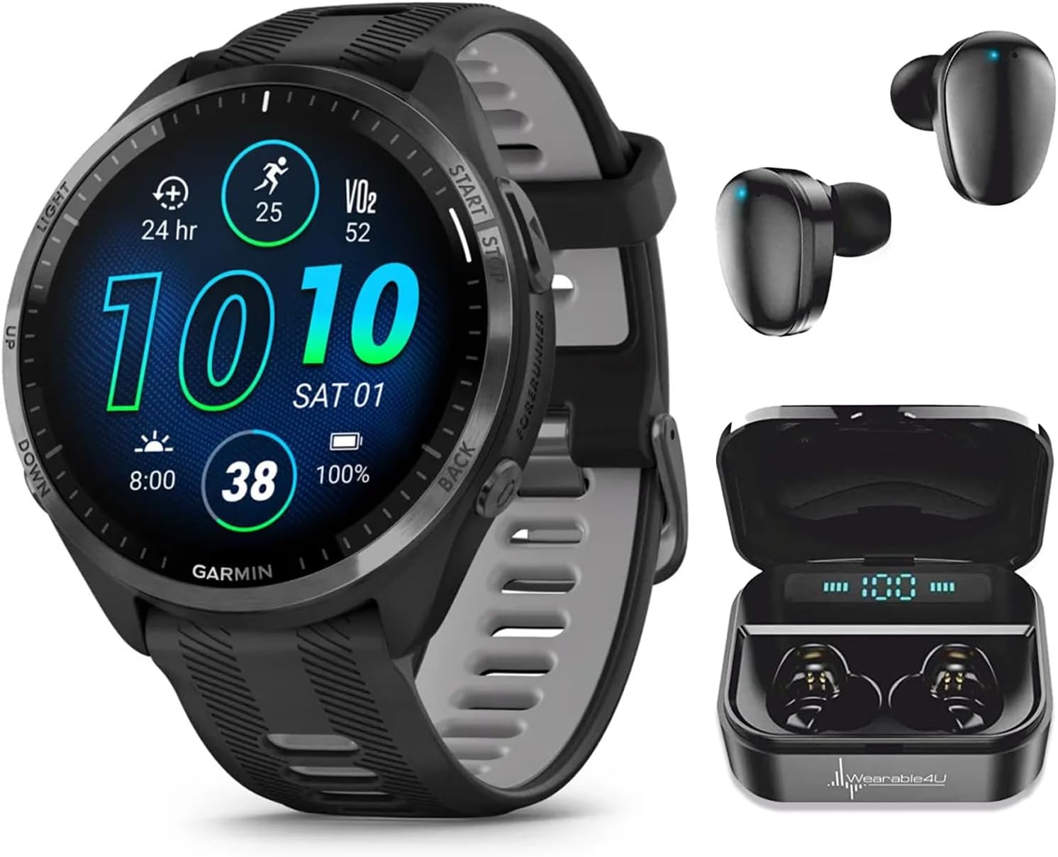 Garmin Forerunner 965 Premium GPS Running and Triathlon 47mm Smartwatch with AMOLED Touchscreen Display, Carbon Gray DLC Titanium Bezel with Black Silicone Band with Black Earbuds.