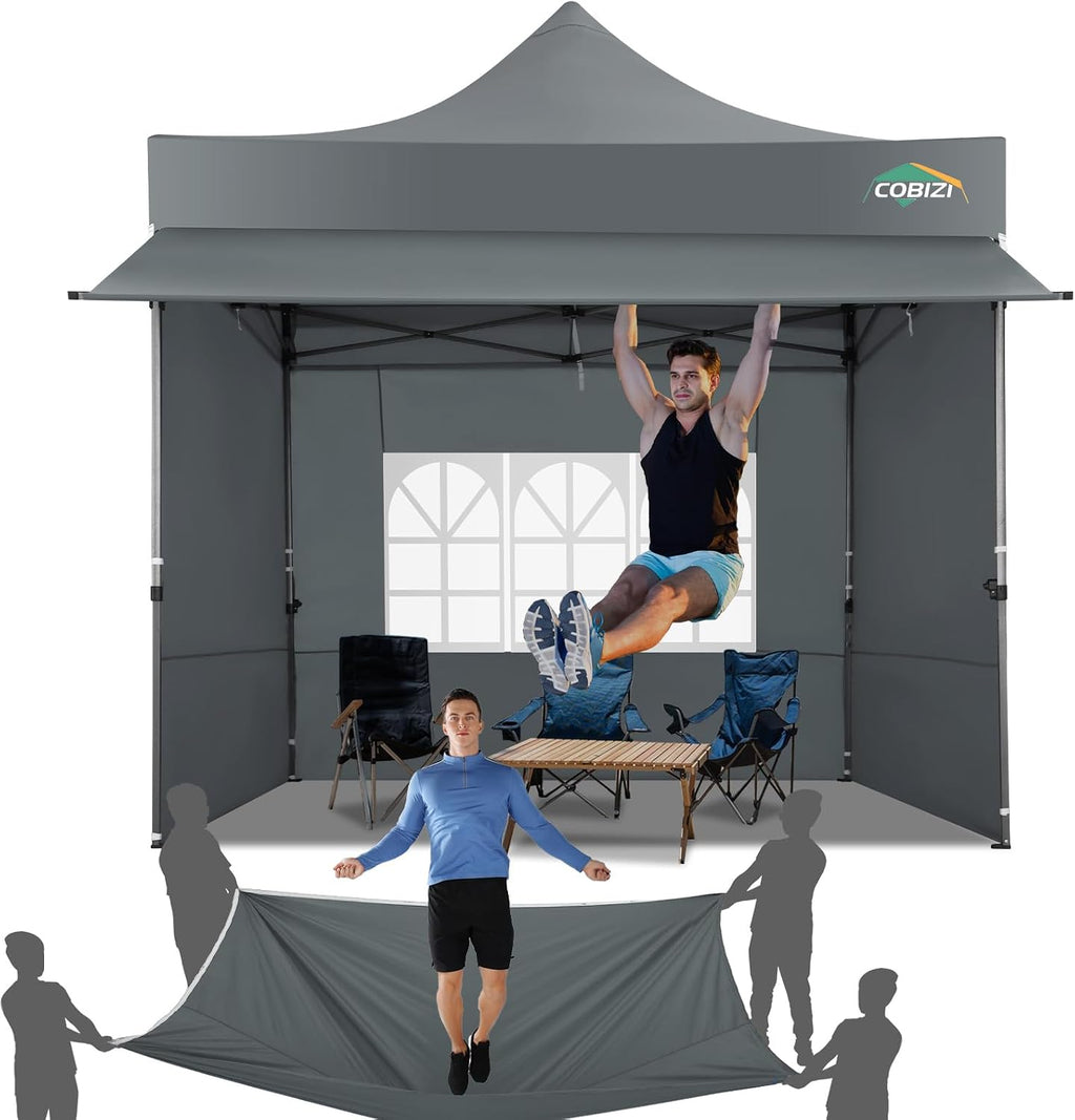 COBIZI 10x10 Pop Up Canopy Tent with Awning & Sidewalls, Heavy Duty Commercial 10X10 Canopy Tents Instant Waterproof, UPF 50+ Sun Shade for Outdoor, Parties, Markets (Gray)
