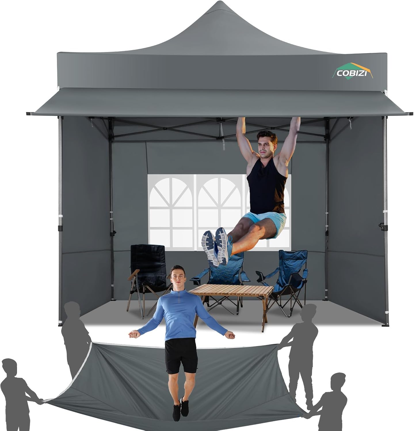 COBIZI 10x10 Pop Up Canopy Tent with Awning & Sidewalls, Heavy Duty Commercial 10X10 Canopy Tents Instant Waterproof, UPF 50+ Sun Shade for Outdoor, Parties, Markets (Gray)