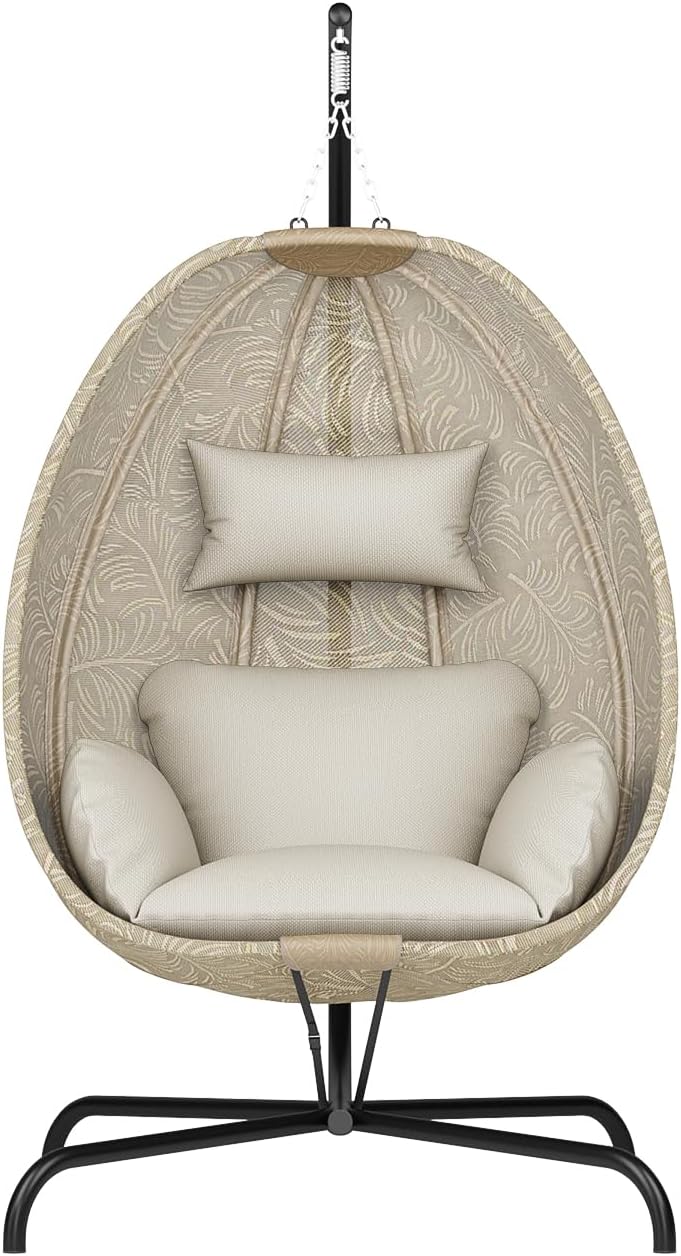 ALAULM Foldable Egg Chair with Stand, 485LBS Capacity Textilene Hammock Swing Chair for Outdoor & Indoor, Patio Hanging Chair with Strong Frame & UV Resistant Cushion for Balcony, Bedroom, Cream/D1