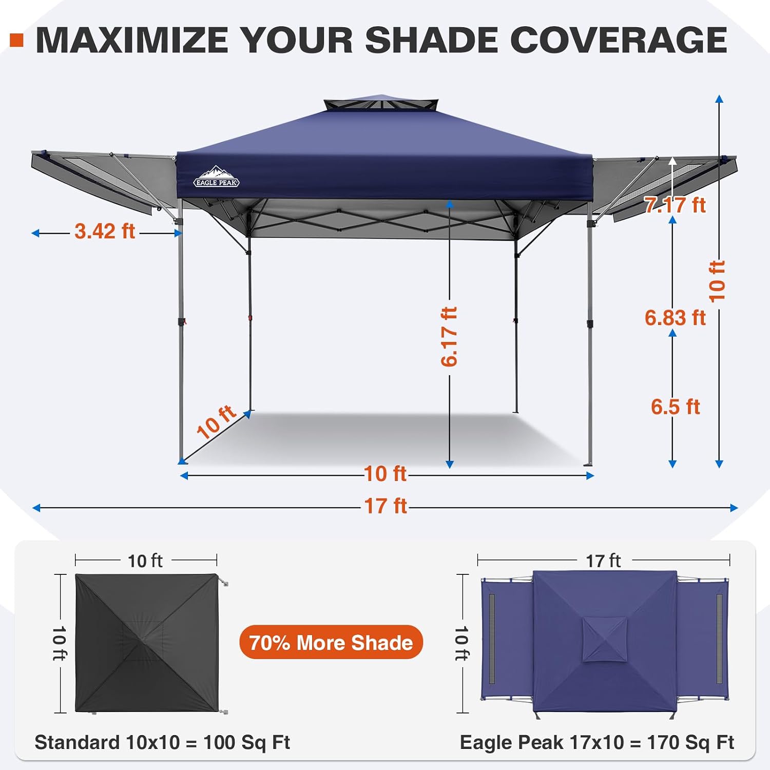 EAGLE PEAK 17x10 Pop up Gazebo Canopy Tent Outdoor Instant Canopy Shelter with Adjustable Dual Half Awnings (Blue)