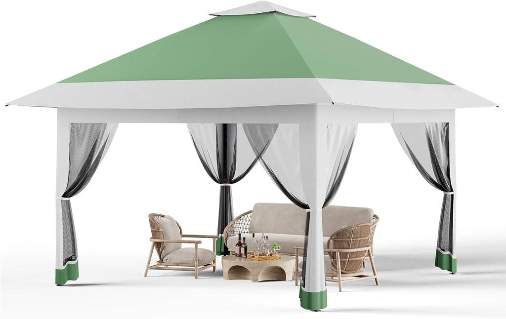 13x13FT Pop Up Gazebo with Mosquito Netting, Outdoor Canopy Tent with Double Roof, Folding Gazebo for Patio, Backyard, Garden, Camping, Party, Wedding, Adjustable Height Green