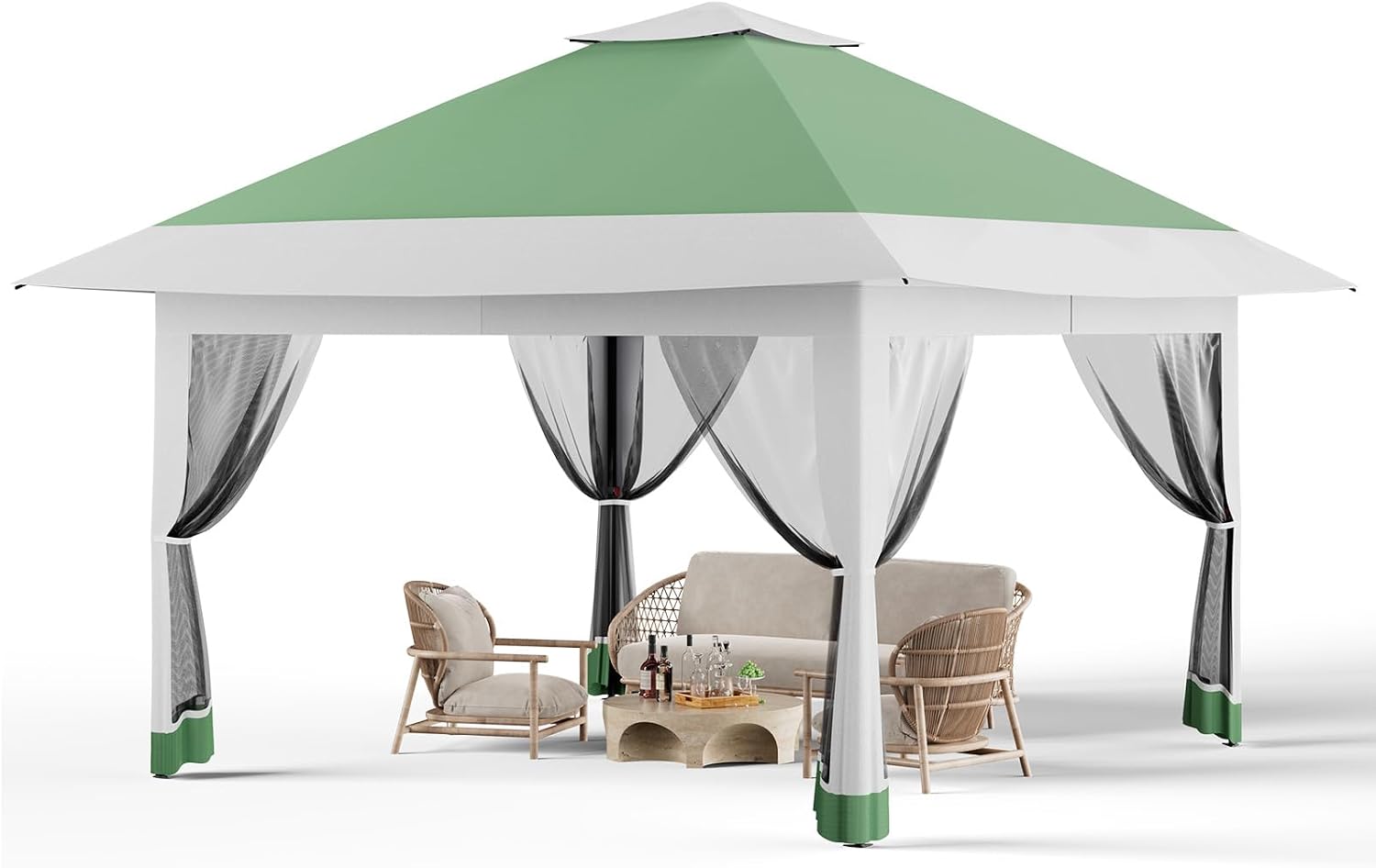 Pop Up Gazebo 13x13 ft Canopy Tent with Mosquito Netting, Outdoor Patio Gazebo with 3 Adjustable Heights, Tent Shelter Quick Setup Backyard Tent for Party,Wedding (Green+Light Grey)