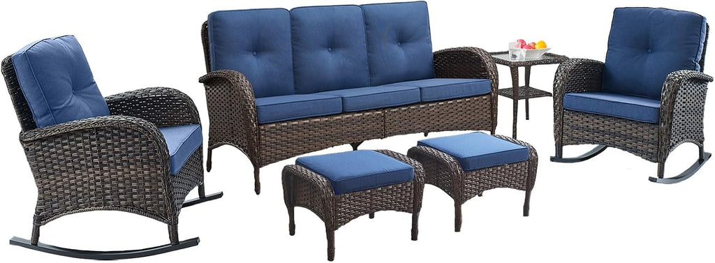 Belord Patio Rocking Chairs Furniture Set of 6, Outdoor Wicker Furniture Sets with Wicker Rocker, Small Patio Conversation Sets with Outdoor Couch Ottomans Brown/Blue