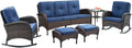 Belord Patio Rocking Chairs Furniture Set of 6, Outdoor Wicker Furniture Sets with Wicker Rocker, Small Patio Conversation Sets with Outdoor Couch Ottomans Brown/Blue