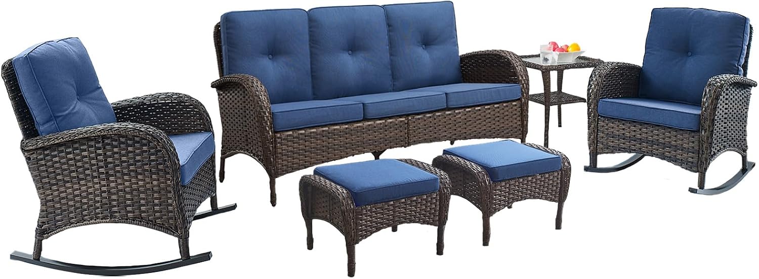 Belord Patio Rocking Chairs Furniture Set of 6, Outdoor Wicker Furniture Sets with Wicker Rocker, Small Patio Conversation Sets with Outdoor Couch Ottomans Brown/Blue