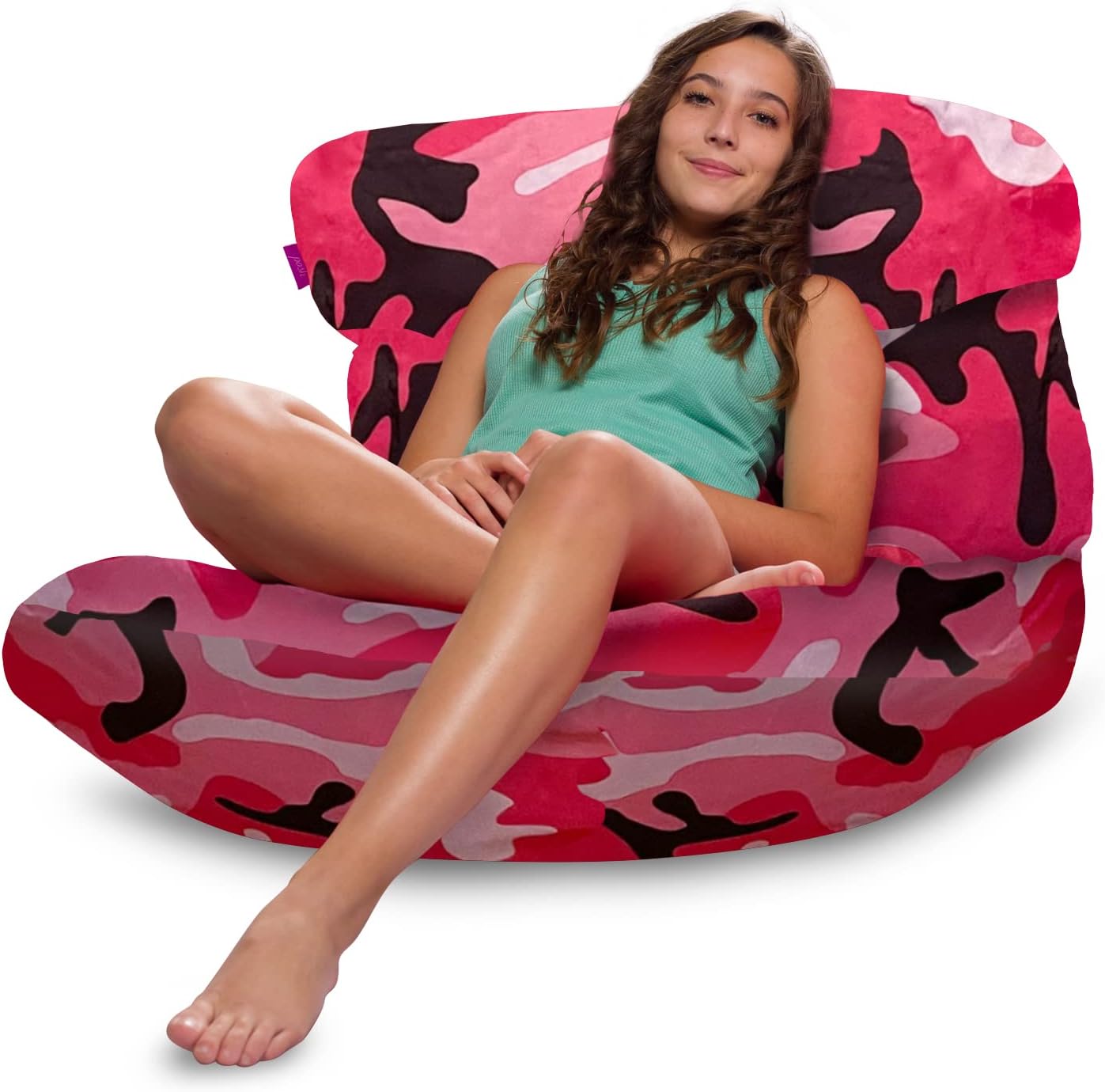 Posh Creations Structured Comfy Bean Bag Chair for Gaming, Reading and Watching TV, Laguna Lounger, Nylon - Camo Pink and Black