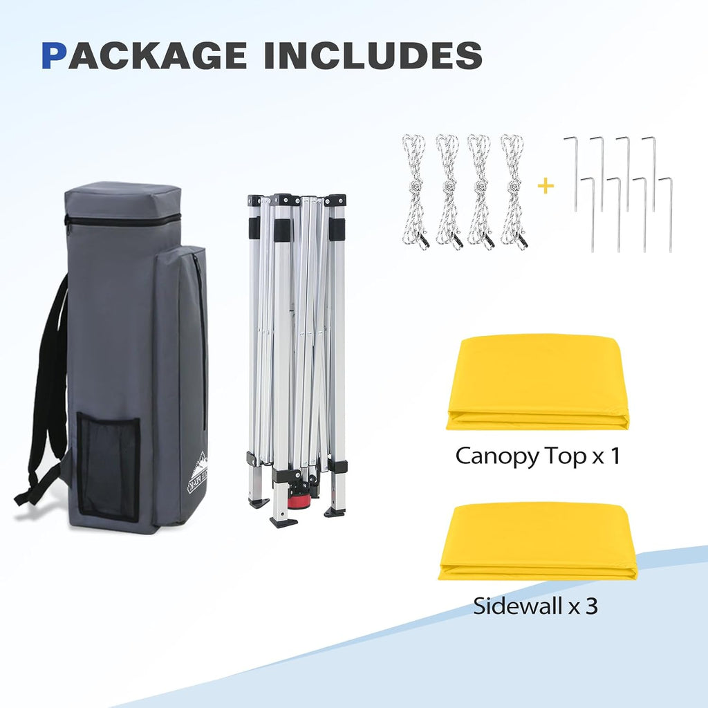 EAGLE PEAK Day Tripper 8x8 Aluminum Super-Lightweight Slant Leg Pop Up Canopy with 3 Removable Walls, Instant Outdoor Backpack Canopy Tent, Outside Beach Folding Sun Shelter, 8x8 Base 6x6 Top, Yellow