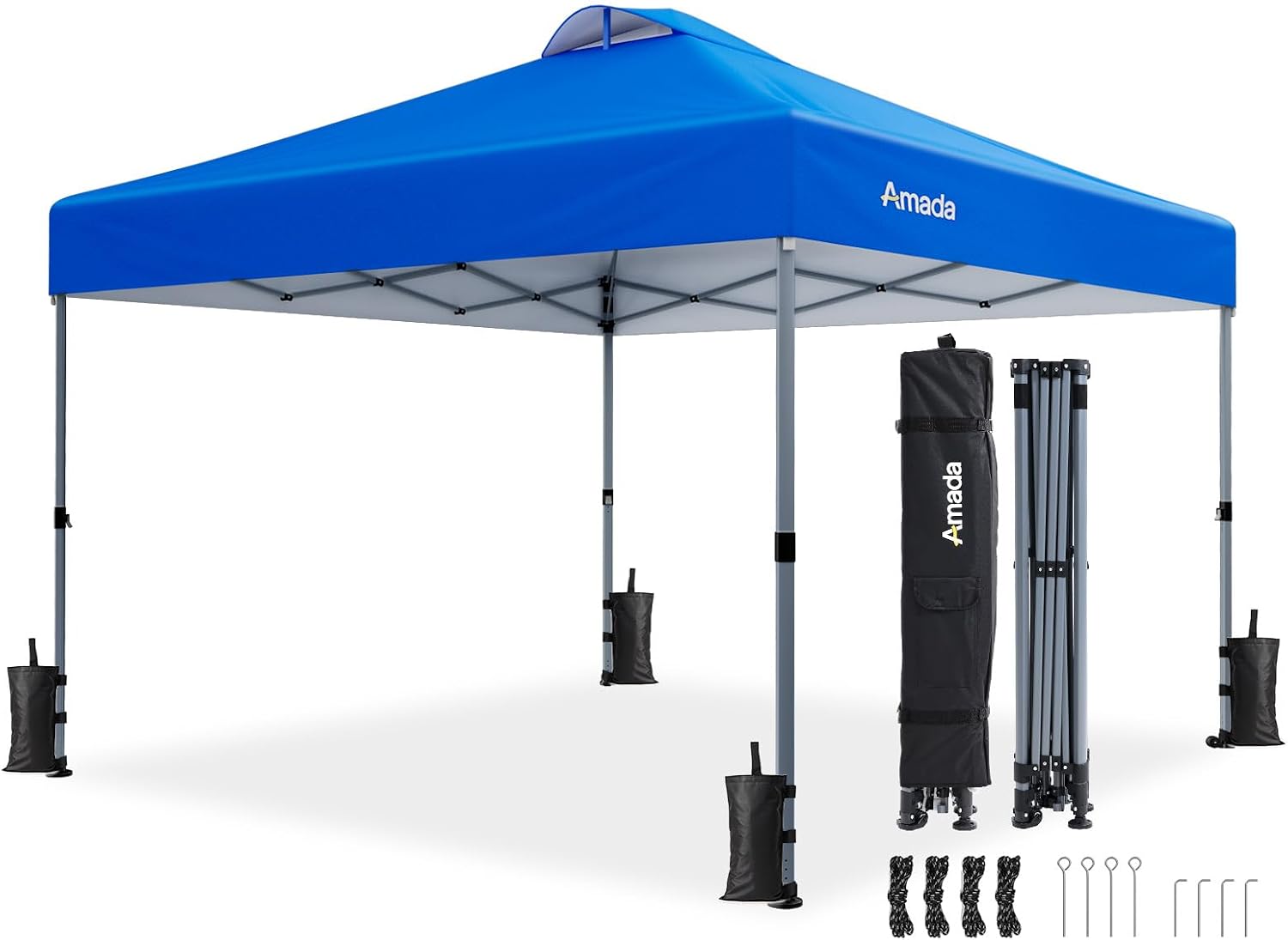 Amada 12x12 Pop Up Canopy - Center Lock One Push Instant Setup Wheeled Gazebo Outdoor Canopy Beach Tent with STO-N-Go Bag 8 Stakes & 4 Sand Bags, 3-Height Adjustable Shade Shelter (12x12ft, Blue)