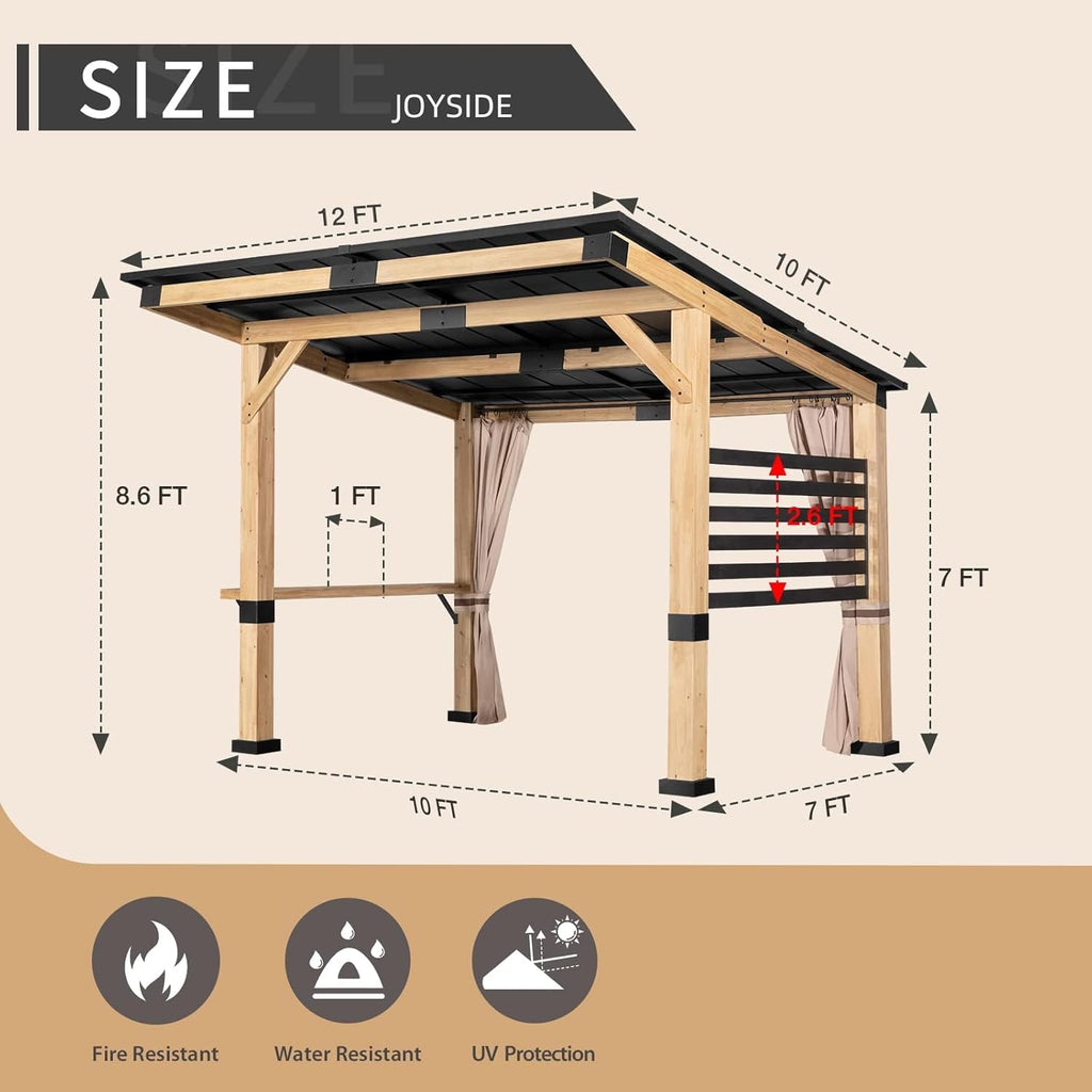 Joyside Cedar Wood Gazebo - 10 ft. x 12 ft. Patio Gazebo with Cedar Frame and Metal Steel Roof Panels, Hardtop for Lawn Deck and Parties
