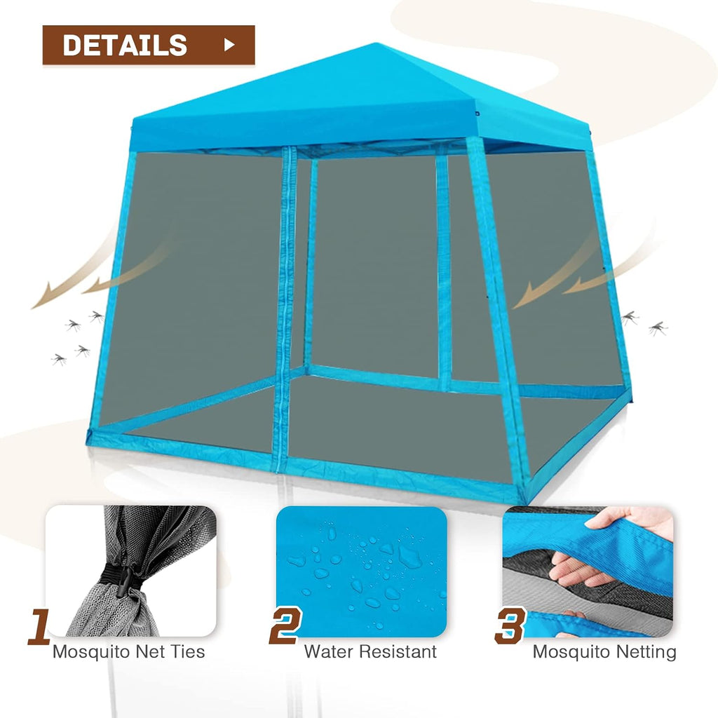 10x10 Pop Up Canopy Tent, Slant Leg Instant Screened Gazebo with Mesh Walls, UV Protection, Water Resistant, Light Blue