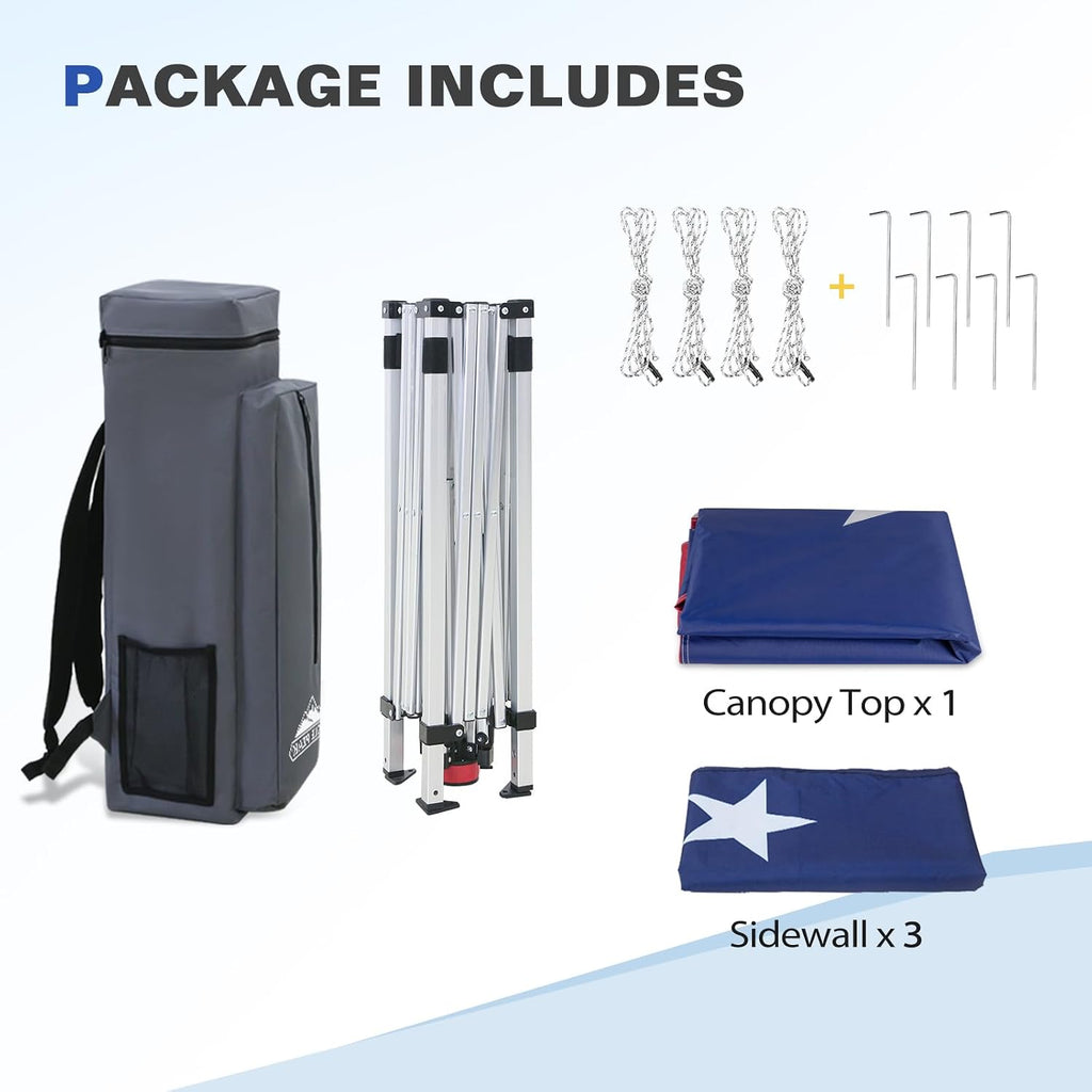 EAGLE PEAK Day Tripper 8x8 Aluminum Super-Lightweight Pop Up Canopy with 3 Removable Walls, Instant Outdoor Backpack Canopy Tent, Outside Beach Folding Sun Shelter, 8x8 Base 6x6 Top, American Flag