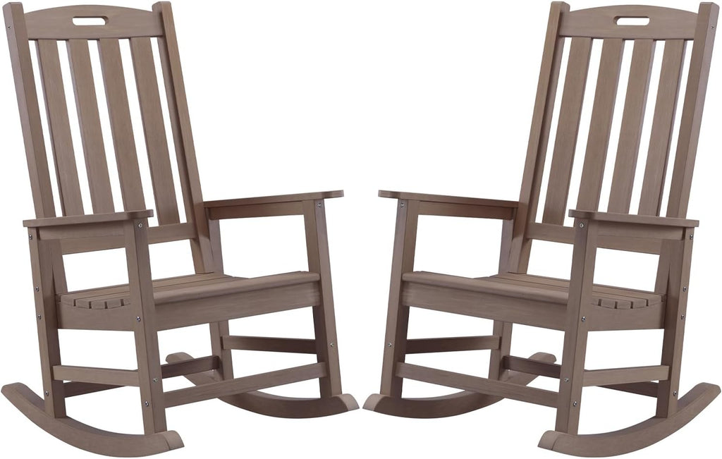 Psilvam Oversized Outdoor Rocking Chair Set of 2, Porch Rocker with 21' Wide Seat and 32' Tall Backrest, Pre-Assembled with Most Components for Effortless Installation (Brown)