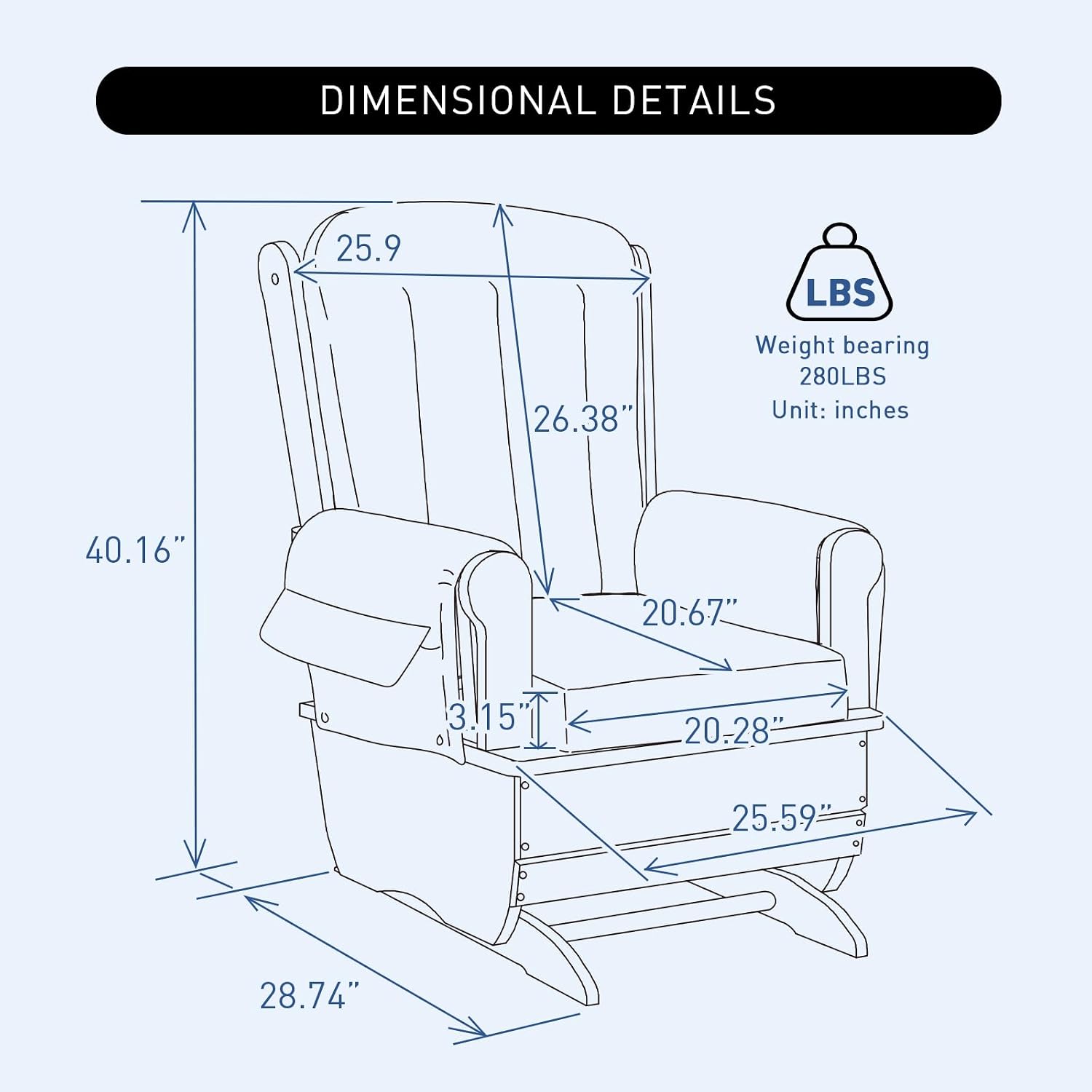 Stylish Modern Glider Rocker,Solid Wood Glider Gentle Rocking Chair with Padded Cushion, Water Oil Resistant Fabric, Applicable to Read,Watch,Sleep, Blue