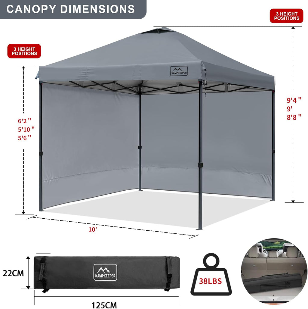 KAMPKEEPER 10x10 Pop-Up Canopy Tent, Waterproof, Portable Shade with Side Walls, Adjustable Instant Outdoor Shelter for Camping, Backyard, and Events, Grey
