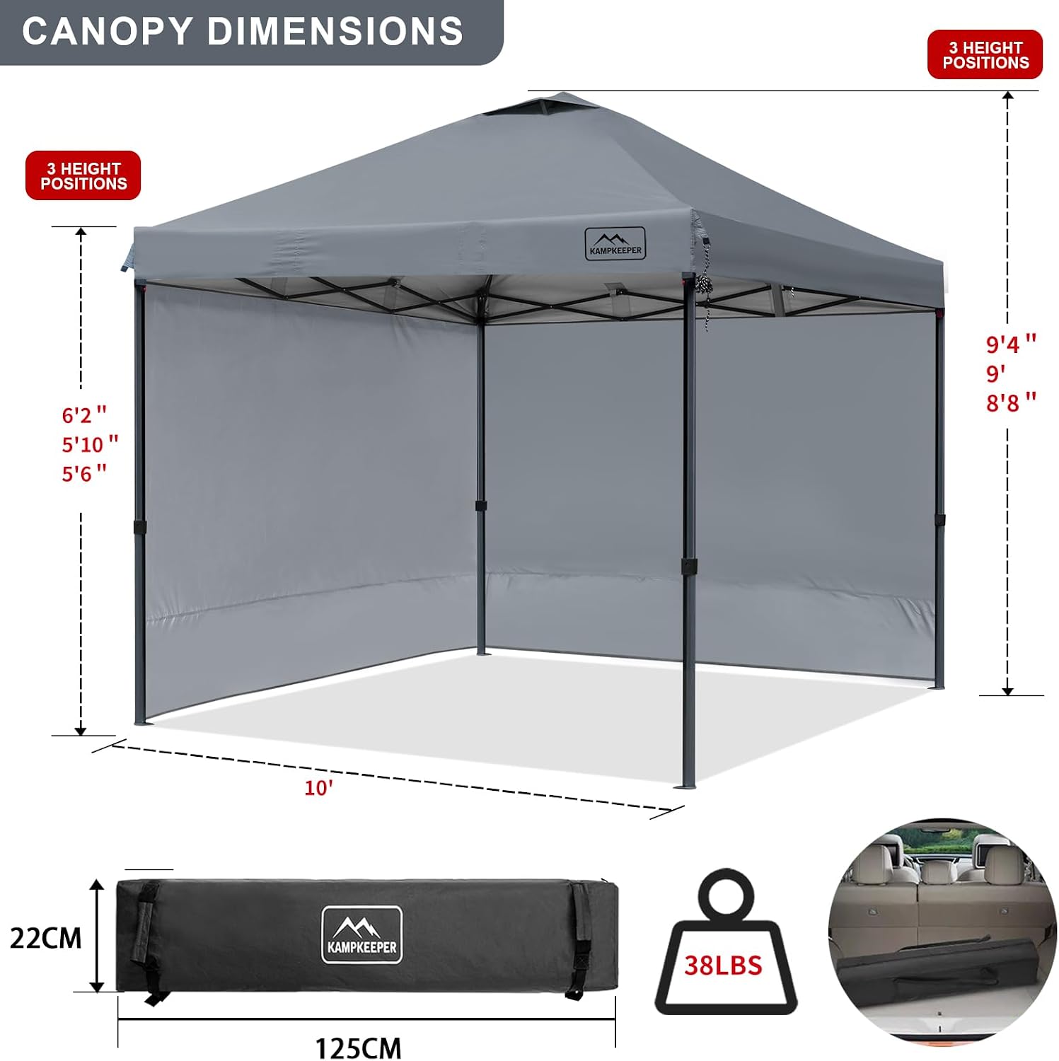 KAMPKEEPER 10x10 Pop-Up Canopy Tent, Waterproof, Portable Shade with Side Walls, Adjustable Instant Outdoor Shelter for Camping, Backyard, and Events, Grey