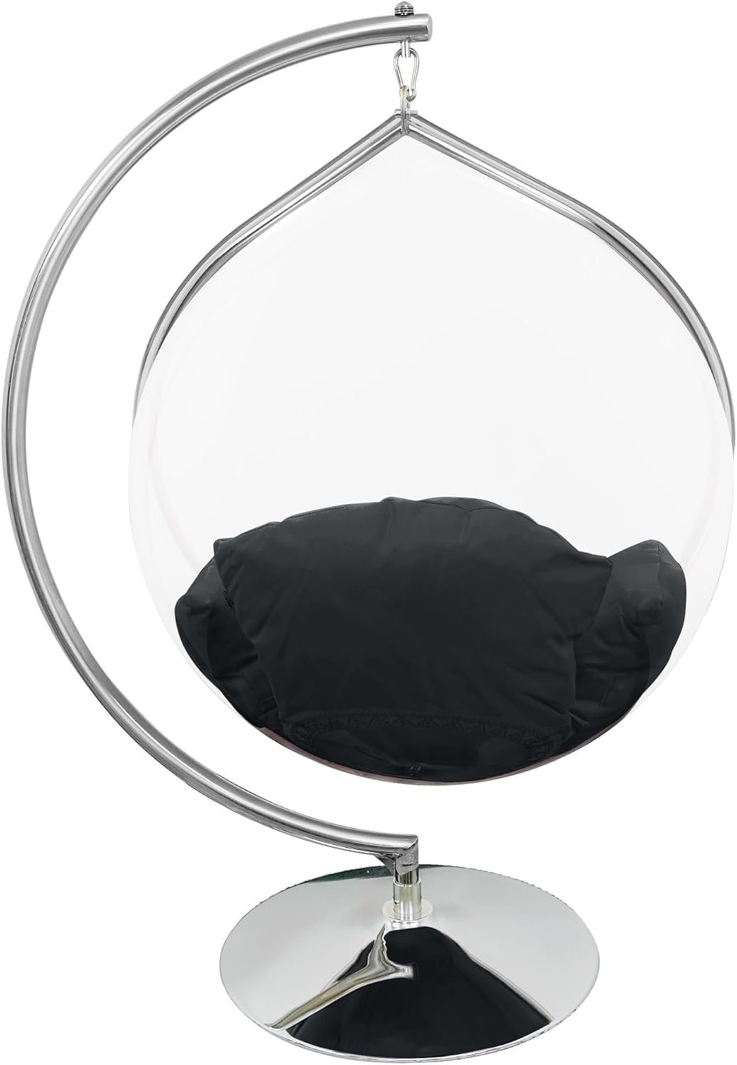 Hanging Chair - Transparent Acrylic Bubble, Waterdrop Shape, Indoor Swing Chair with Gold/Chrome Stand, Durable Fabric Cushion - Luxury Accent for Living Room, Bedroom (Chrome/Black)
