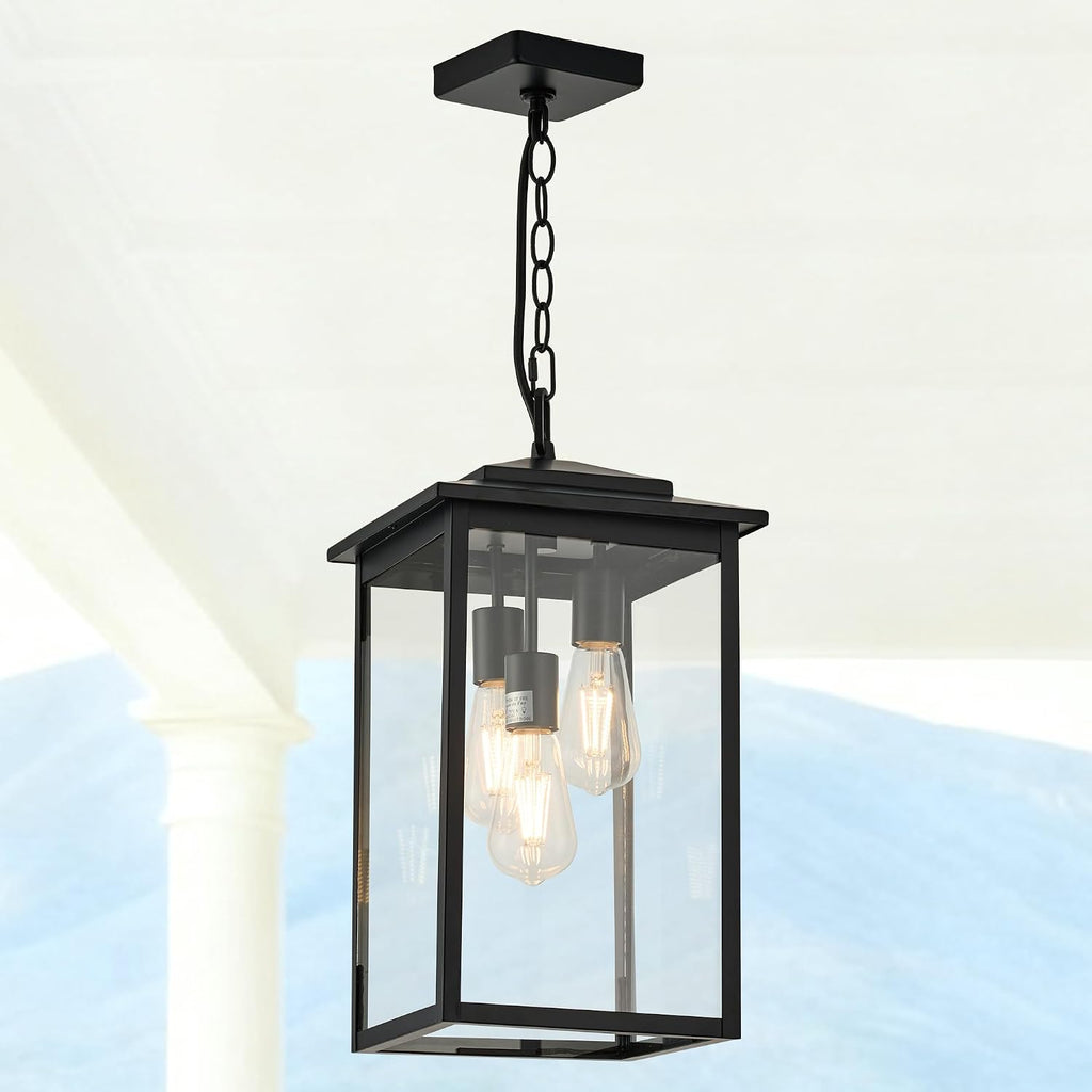 Outdoor Hanging Light Fixture 3-Light, Modern Black Metal Outside Chandelier Exterior Hanging Fixture Ceiling Mount with Clear Glass Shade for Front Porch Entrance Foyer Entryway(Bulbs not Included)