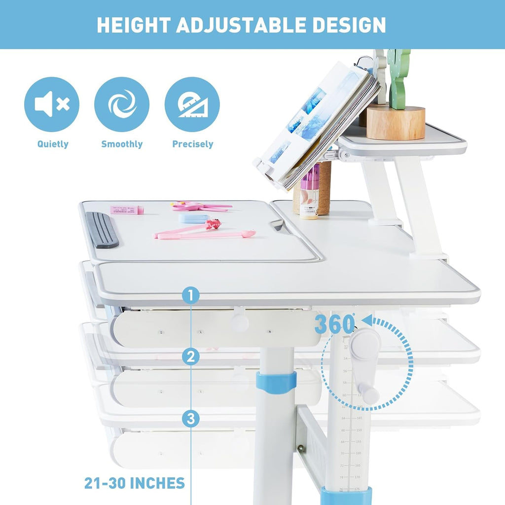 COSVALVE Adjustable Kid Desk and Chair Set, Kids Desk with Drawer, Tilter Desktop, Ergonomic Kid Chair, Height Adjustable for Girl Boy Student Home School Use,Grey