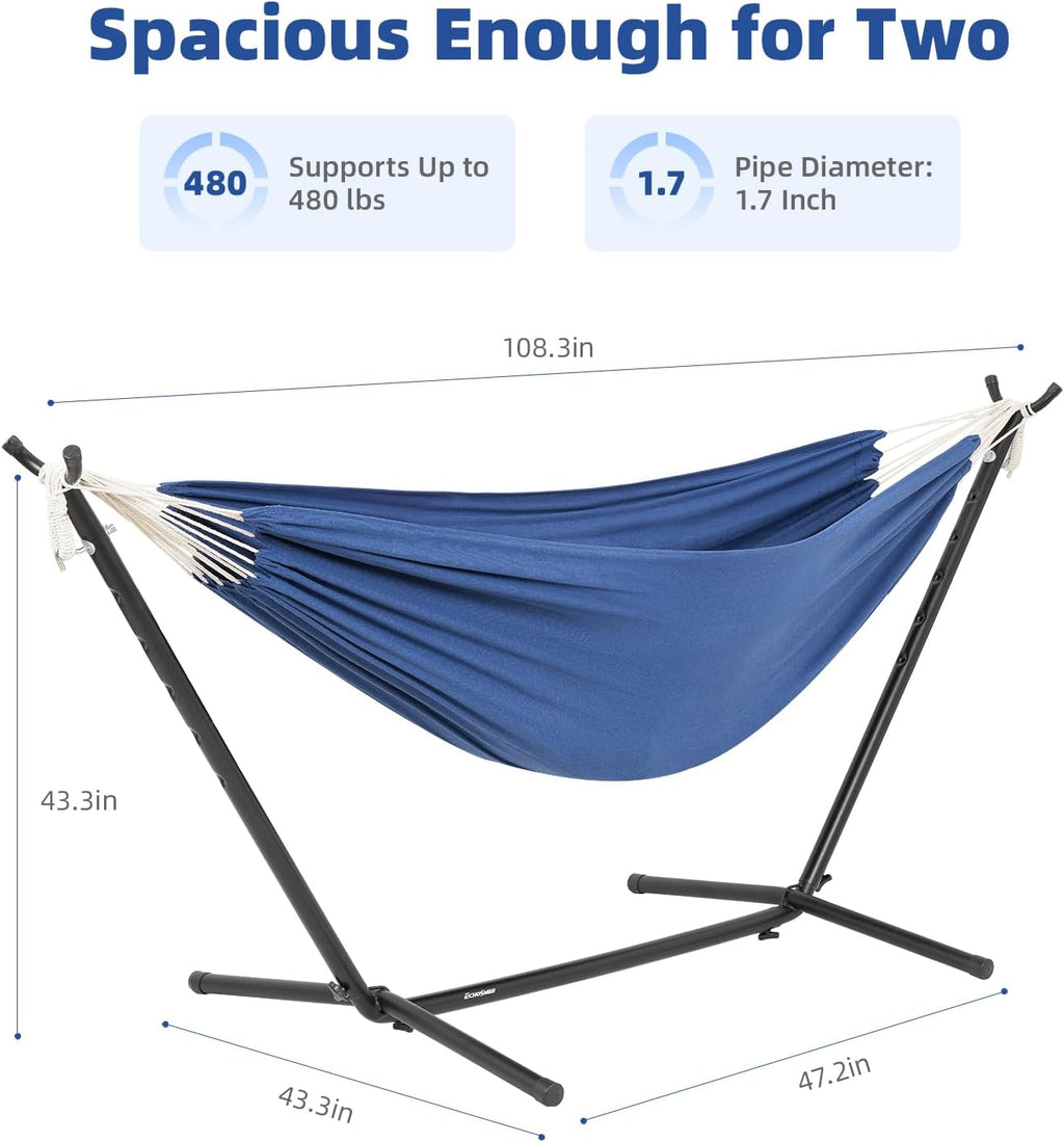 EchoSmile Double Hammock with Detachable Stand - 480 lbs Heavy Duty 2 Person Adjustable Hooks Indoor Outdoor Stand Hammock Durable Steel Frame, Blue