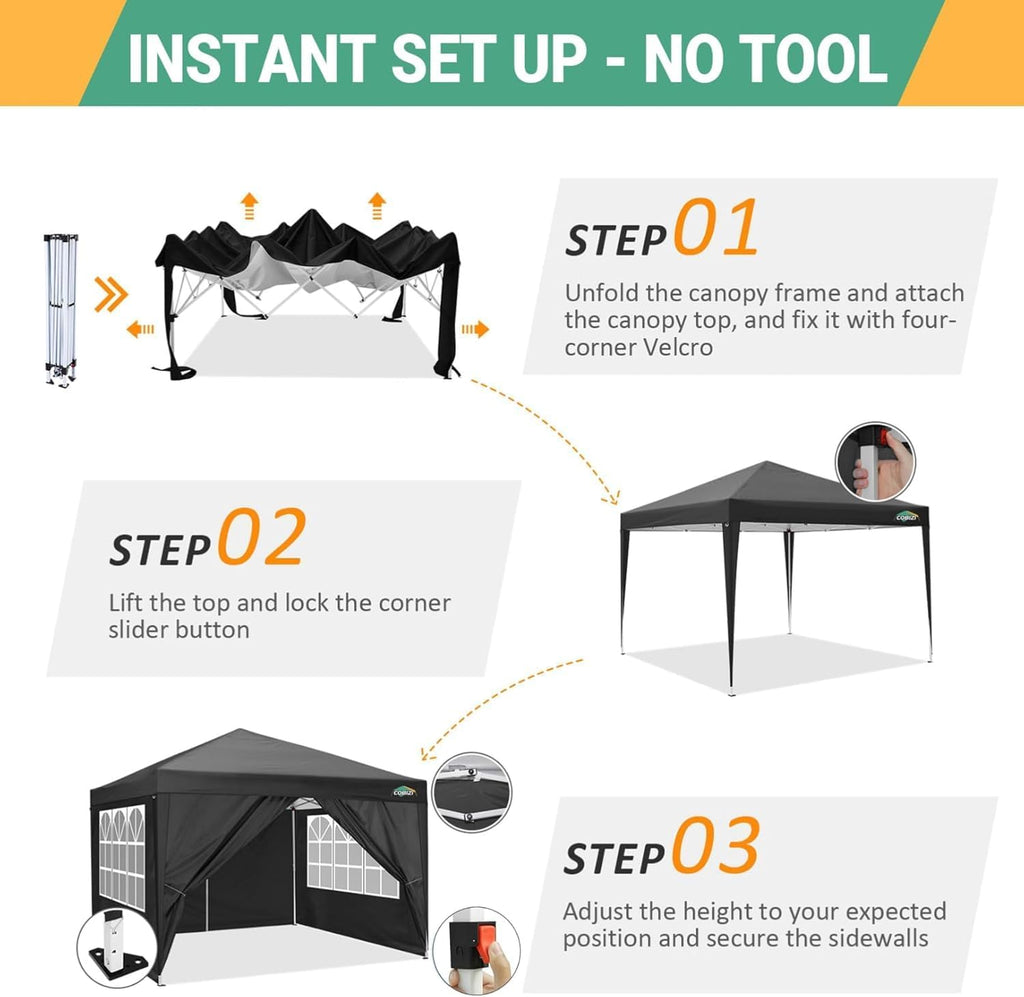 COBIZI 10x10 Pop Up Canopy Tent with 4 Removable Sidewalls, Waterproof Outdoor Commercial Easy Set Up Gazebo Tent Canopy Tents for Party/Exhibition/Picnic with Carry Bag,8 Stakes & 4 Ropes (Black.