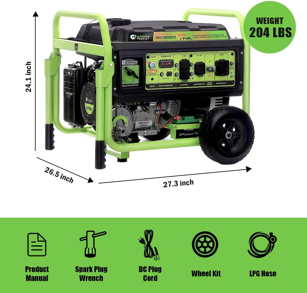 Green-Power America Dual Fuel Portable Generator 13000 Watt,Gas or Propane Powered,Electrical/Recoil Start, Equipped with CO-Seizer CO Protection System