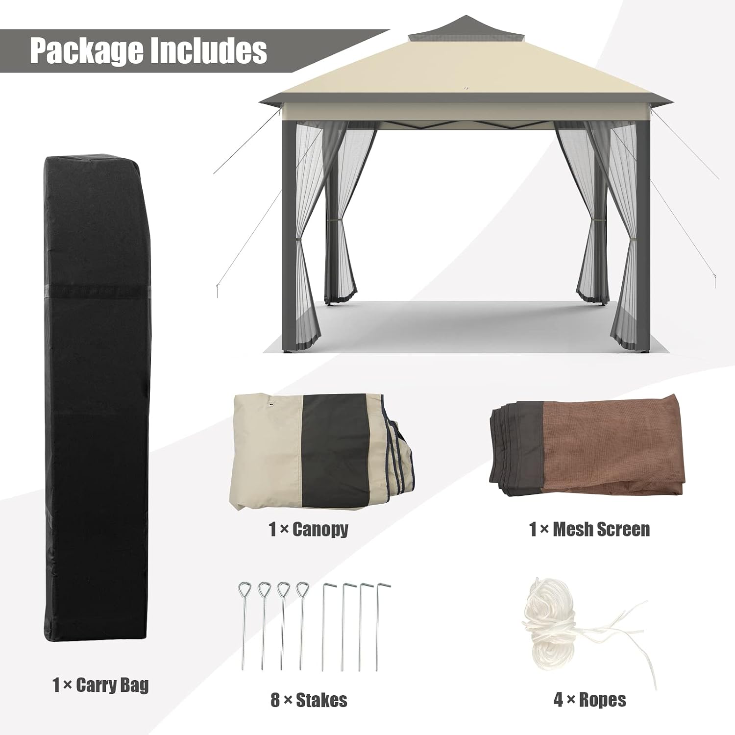 Tangkula 11x11 Ft Pop up Gazebo, 2-Tier Patio Gazebo with Netting, Carry Bag, Easy Set up Outdoor Gazebo with 121 Square Feet of Shade for Backyard, Deck, Poolside (Brown)