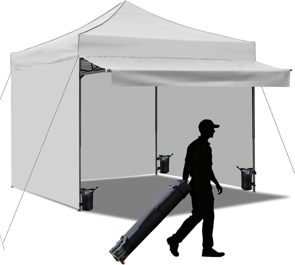 10x10 Pop up Canopy Tent with Awning Easy up Canopy with Wheel Bag Heavy Duty Waterproof Canopy Commercial Gazebo Tent for Outdoors Parties Vendors (Light Grey)