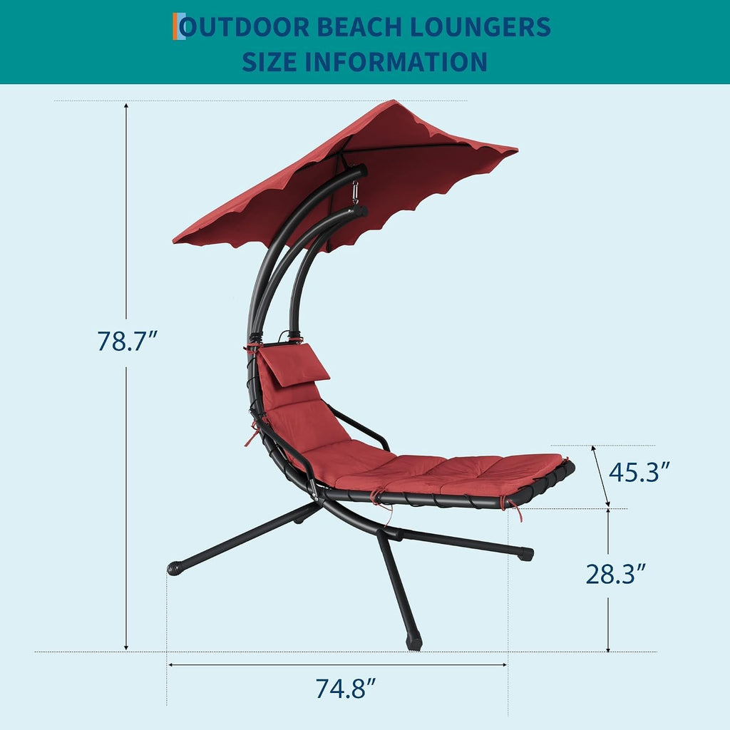 GarveeLife Chaise Lounger Swing Chair with Umbrella Canopy, Patio Hanging Chaise Lounger Chair with Stand, Curved Steel Outdoor Lounge Chairs for Indoor Patio Pool Garden Backyard Porch