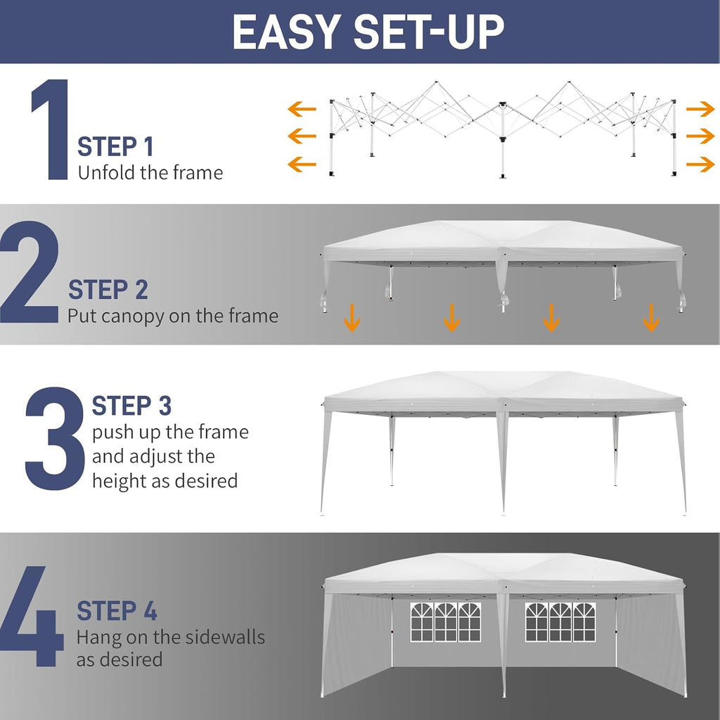Outvita 10x20ft Pop Up Canopy Tent, Outdoor Instant Shelter Folding Canopy with 4 Side Walls and Carry Bag for Commercial Events, Party, Backyard BBQ, Camping White