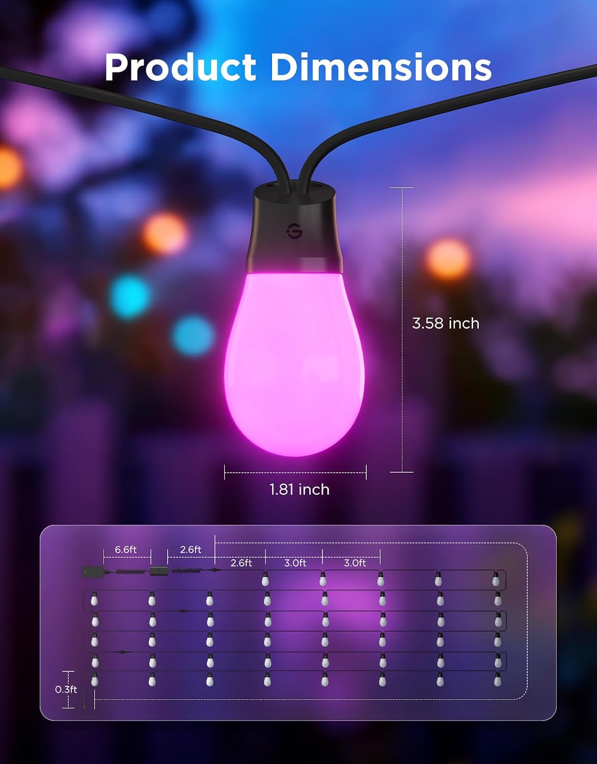 Govee S14 Bulb Outdoor String Lights 2, 144ft Smart RGBIC Warm White Lights with 45 LED Bulbs(3 Ropes of 48ft), 111 Scene Modes for Patio Decor, IP66 Compatible with Alexa, Google, Matter, APP Control