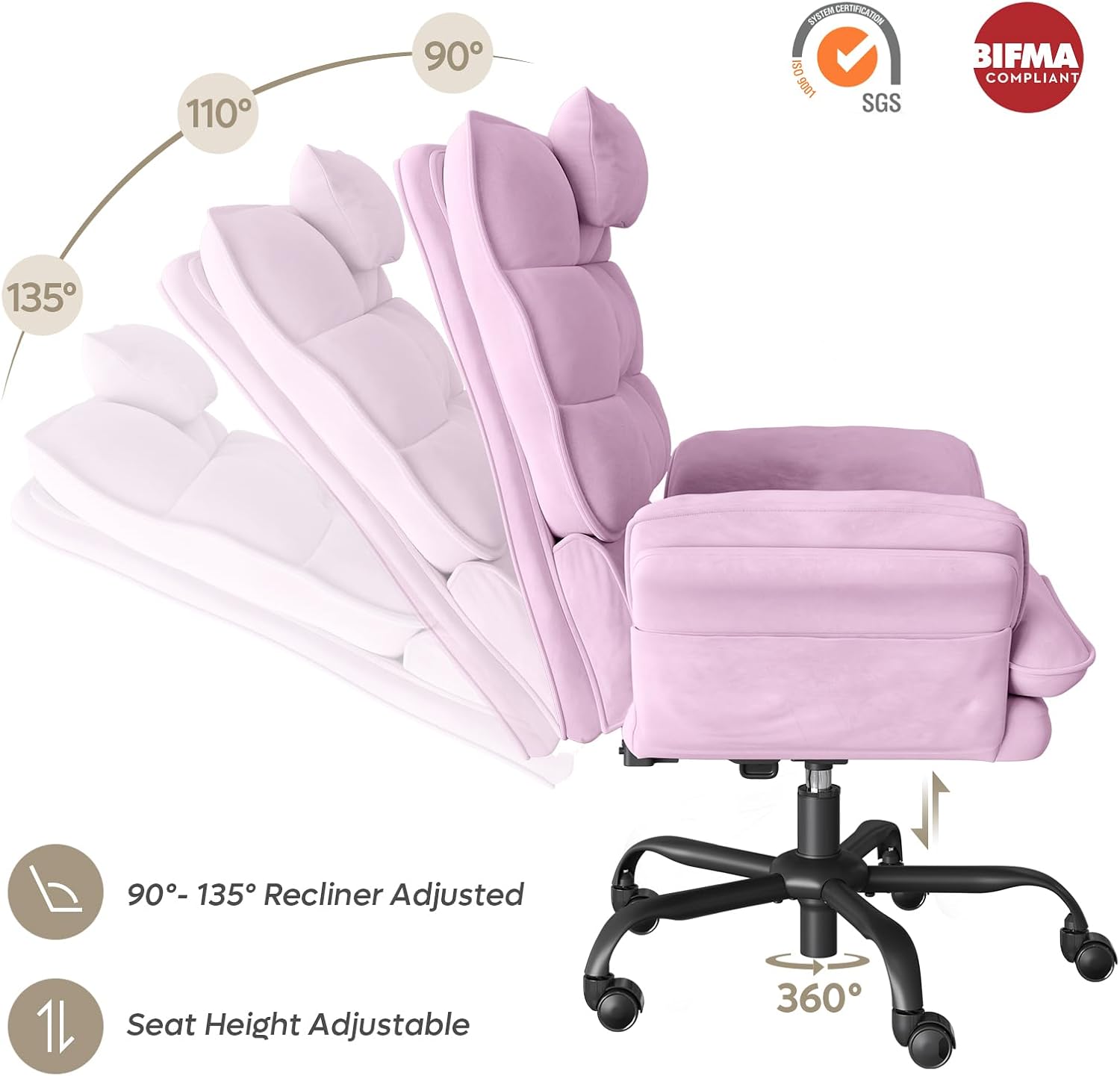 Bestier Criss Cross Chair with Flip-Up Armrests and Headrest, 135° Reclining Swivel Executive Chair with Side Pockets, Big and Tall Computer Desk Chair for Home Office Bedroom, Pink Velvet