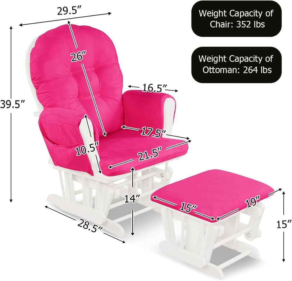 Costzon Nursery Glider with Ottoman, Upholstered Comfort Glider Rocker with Padded Cushion, Storage Pocket, Solid Wood Base, Rocking Chair Nursery for Breastfeeding, Napping (Deep Pink)
