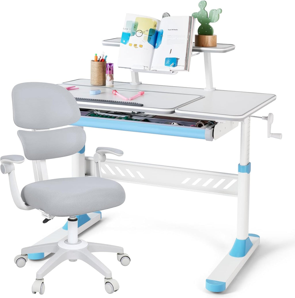 COSVALVE Adjustable Kid Desk and Chair Set, Kids Desk with Drawer, Tilter Desktop, Ergonomic Kid Chair, Height Adjustable for Girl Boy Student Home School Use,Grey