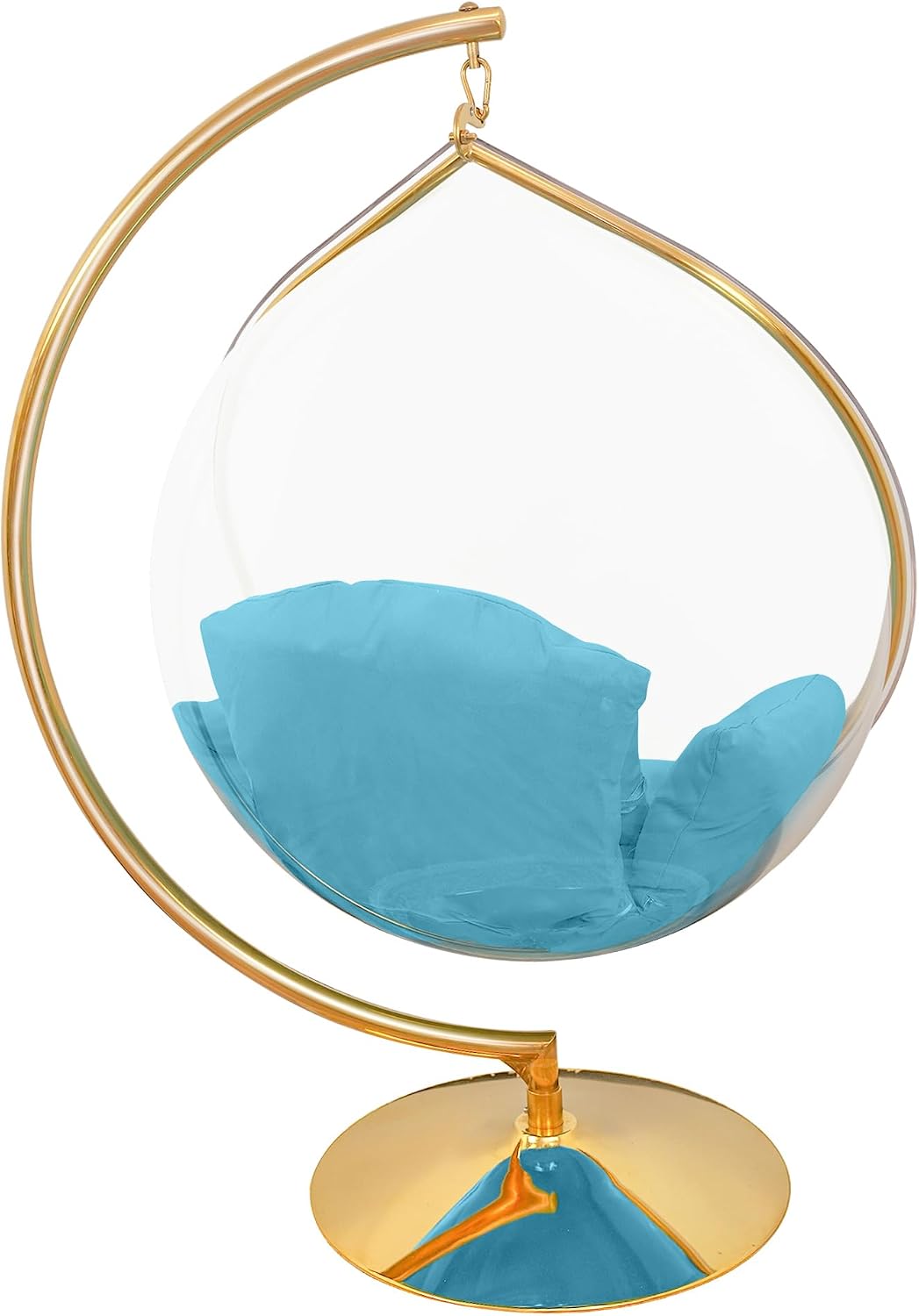 Hanging Chair - Transparent Acrylic Bubble, Waterdrop Shape, Indoor Swing Chair with Gold/Chrome Stand, Durable Fabric Cushion - Luxury Accent for Living Room, Bedroom (Gold/Blue)