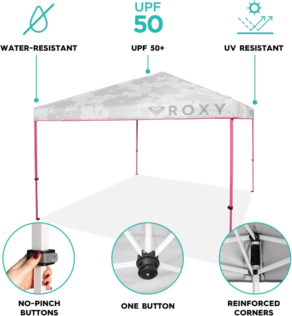 Roxy 10x10 Pop Up Canopy – Outdoor Beach Tent with Easy Up One-Push Setup – Portable Shade Shelter for Beach, Tailgate, Family Trips, RV Camping – Folding Gazebo with Wheeled Bag – Hot Pink/White