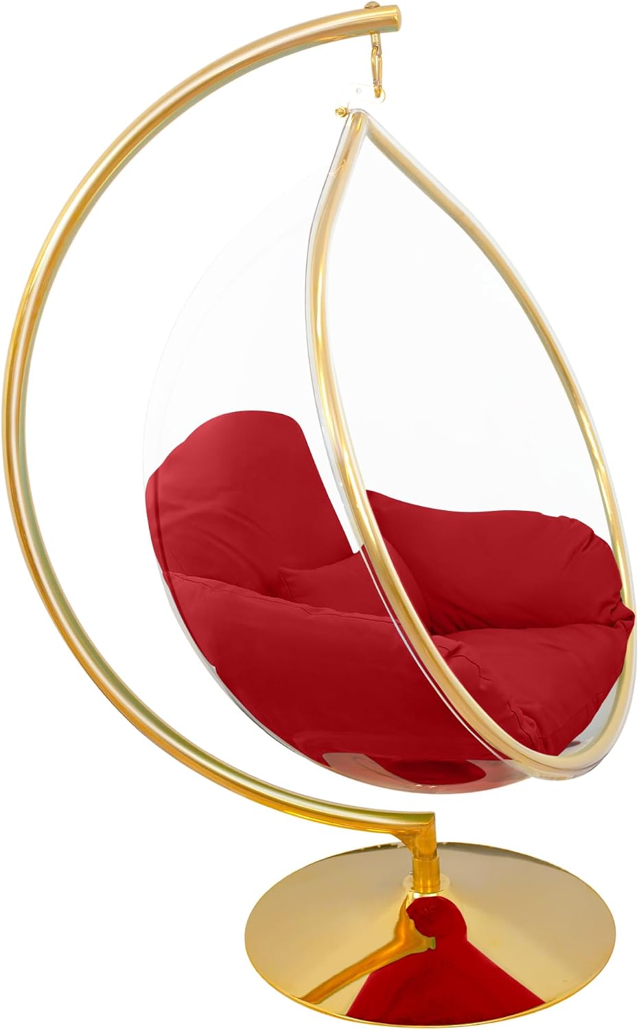 Hanging Chair - Transparent Acrylic Bubble, Waterdrop Shape, Indoor Swing Chair with Gold/Chrome Stand, Durable Fabric Cushion - Luxury Accent for Living Room, Bedroom (Gold/Red)