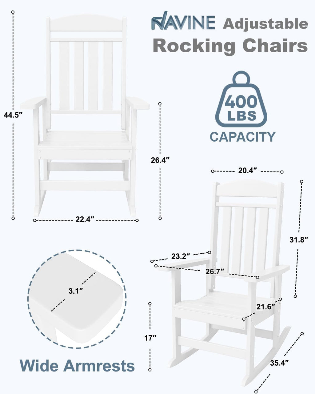 NAVINE 3-Piece Outdoor Rocking Chair Set, Oversized Porch Rocking Chair Set of 2 with Side Table, Suitable for Patio, Porch, Backyard
